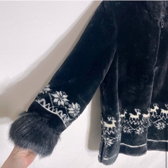 Alia Black Faux Fur Coat With Hood And Winter Themed Trim M - Picture 8 of 16